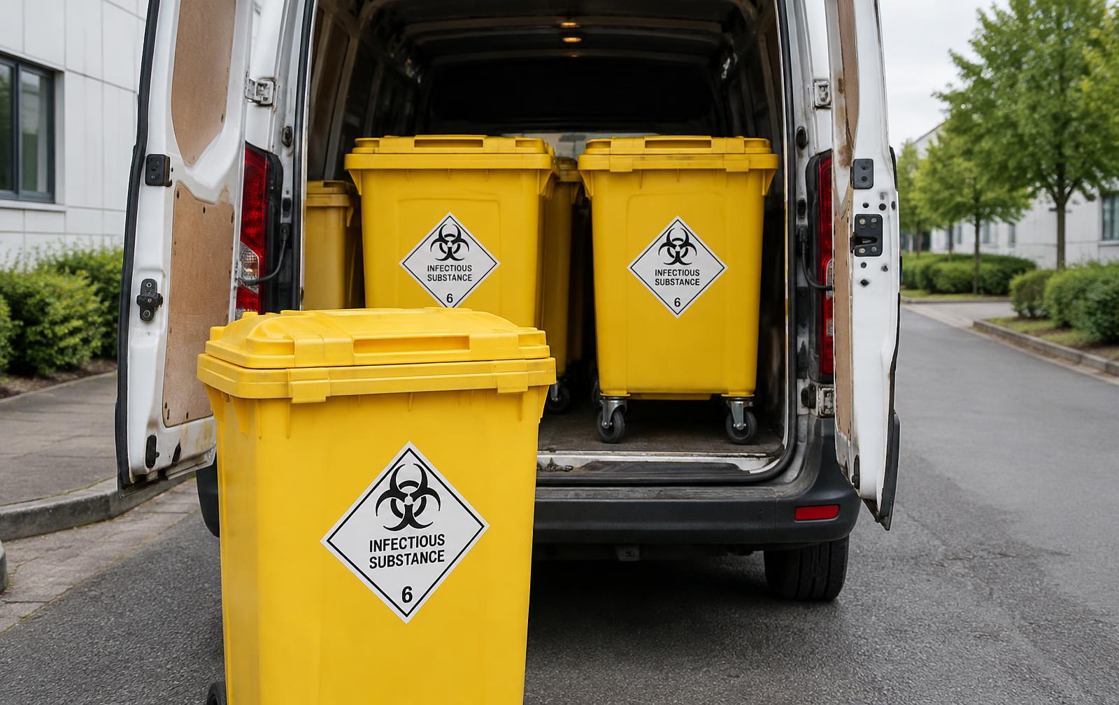 Commercial sharps waste disposal and collection: van loaded with sealed yellow clinical waste containers