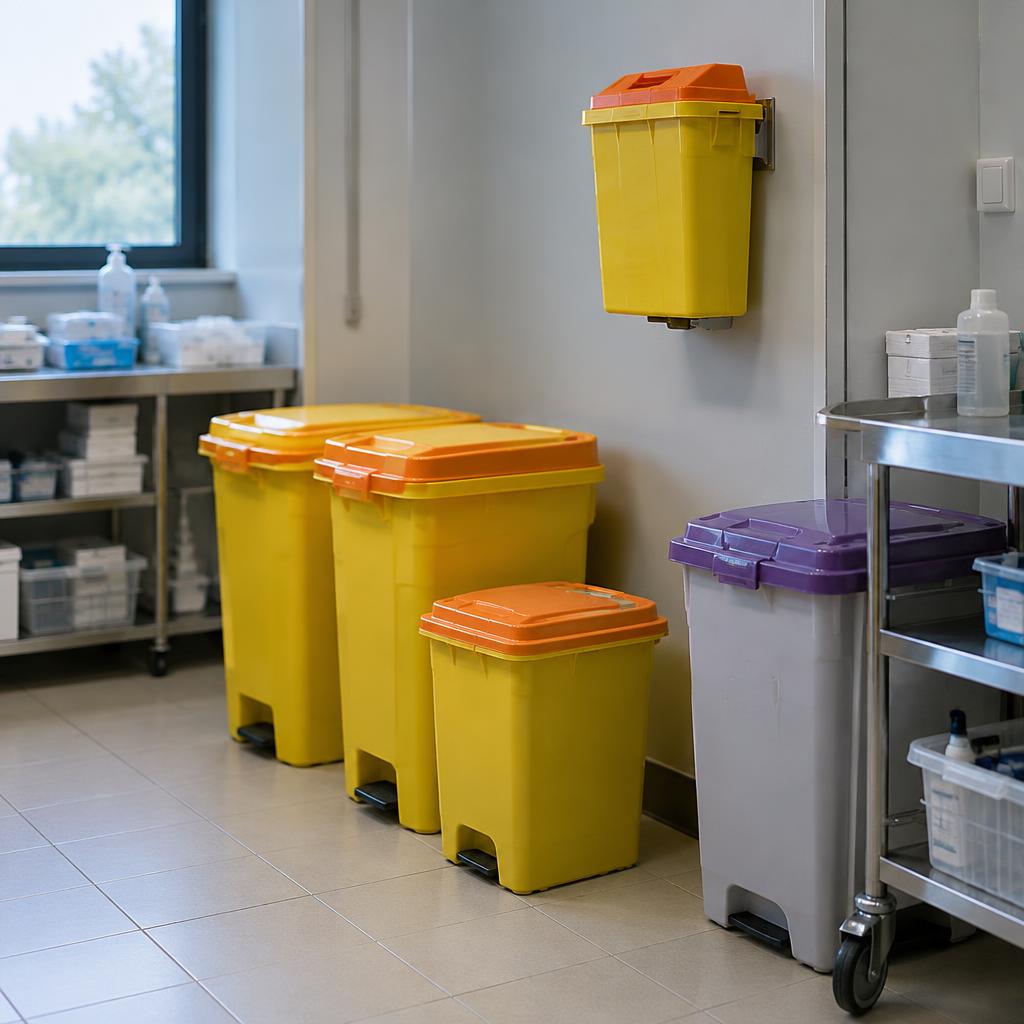 Yellow sharps disposal bins and a purple-lidded medication waste bin in a hospital utility room