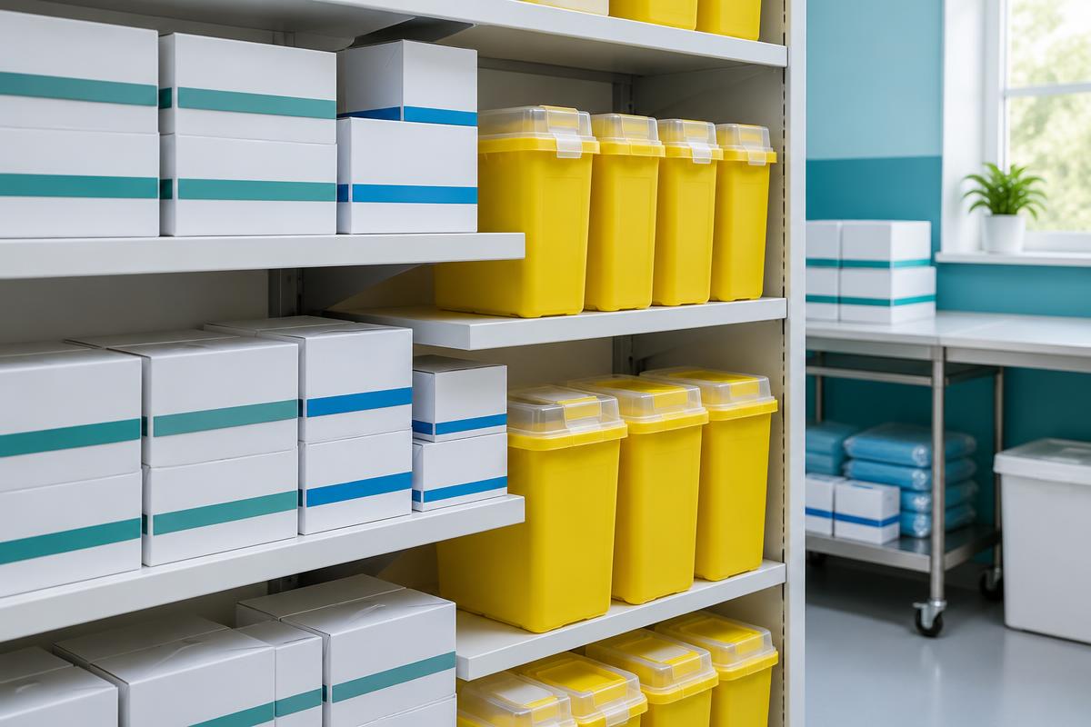 Unused sharps and medical stock packaged with sharps containers ready for waste collection