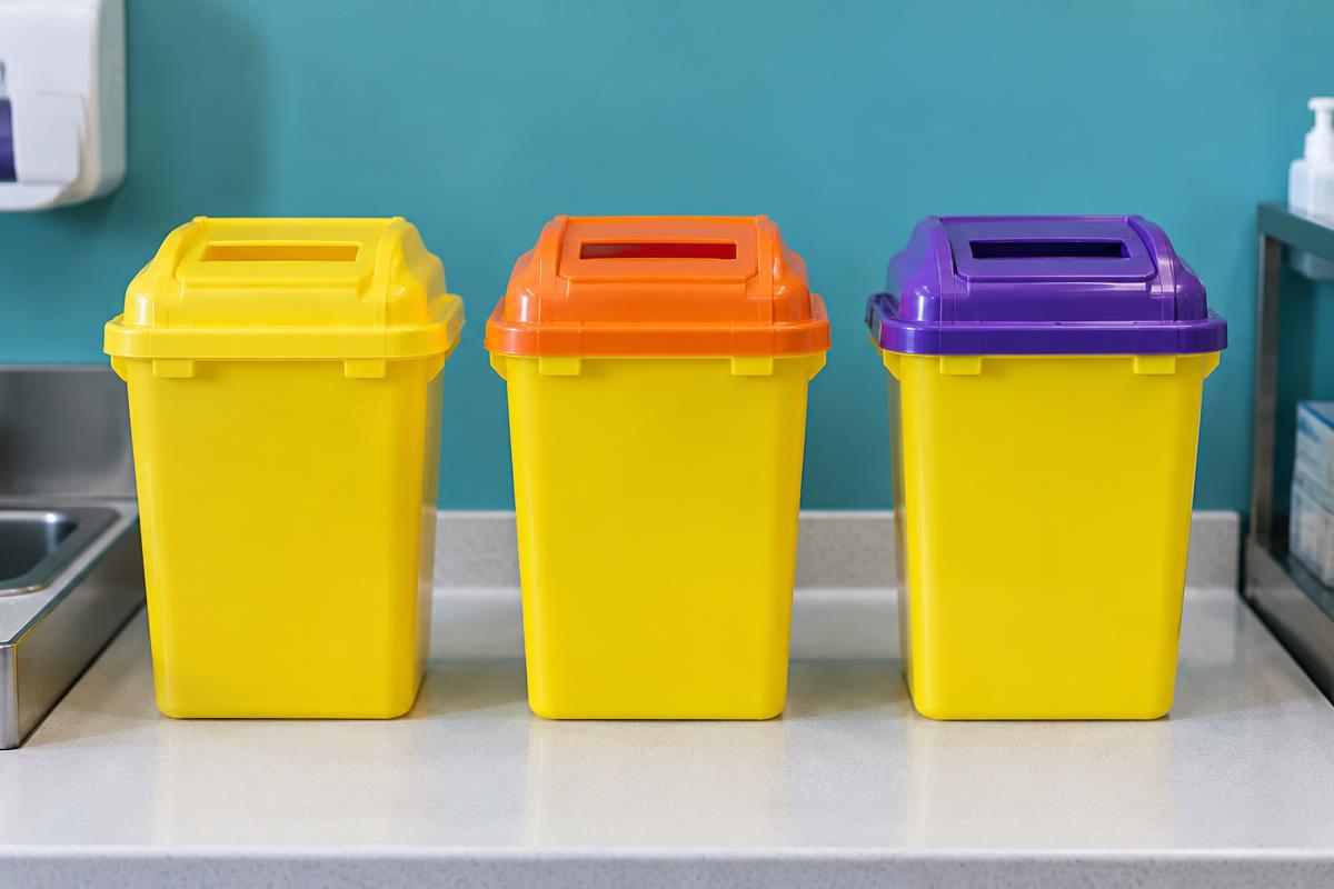 Sharps bin colours explained: sharps containers with yellow, orange and purple lids